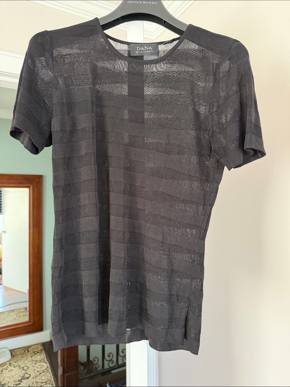 Dana Buchman Black viscose Short Sleeve Sheer-Striped Knit Top